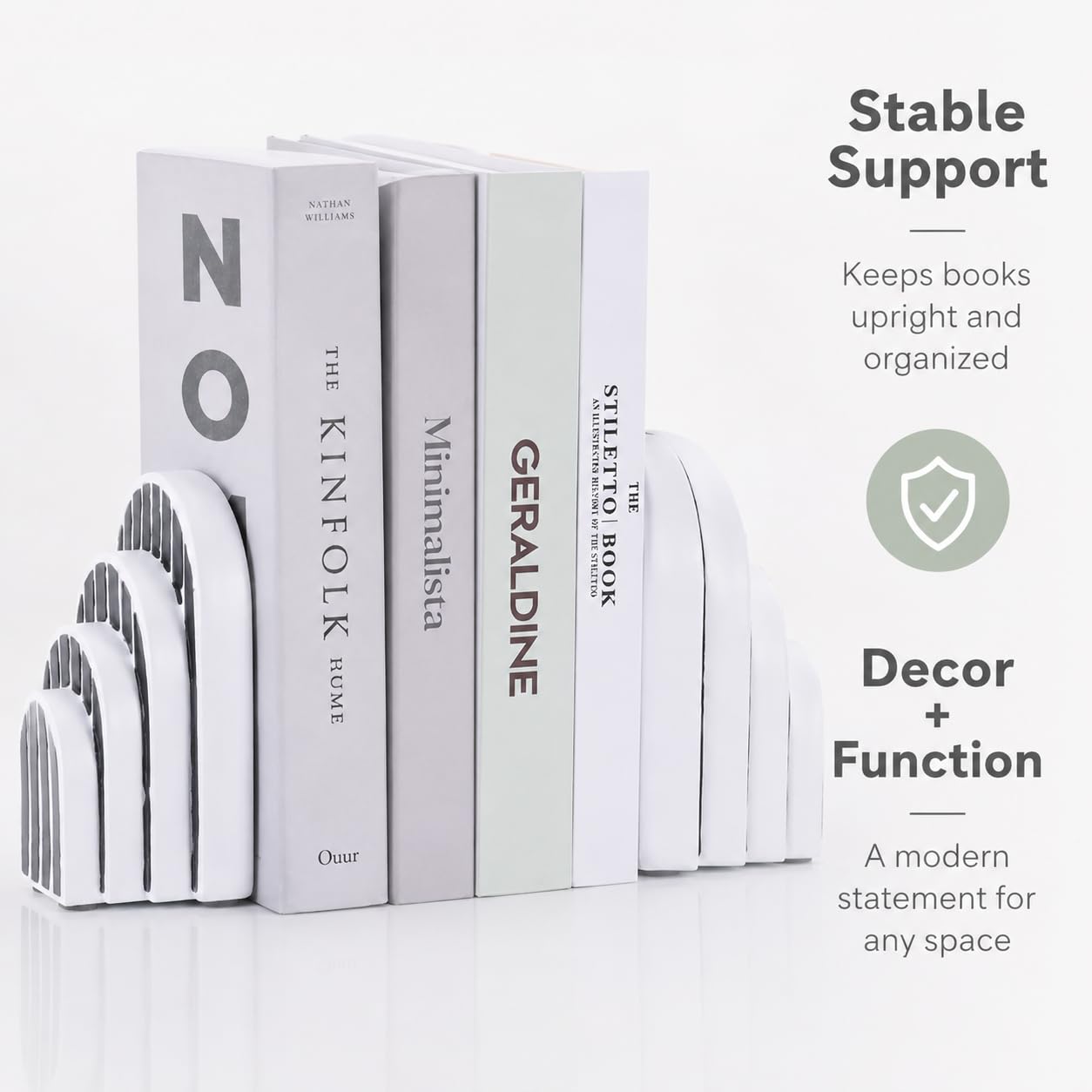 Fermalibri decorativi pesanti per mensole, fermalibri ad arco bianco e nero per libri, set moderno per scrivania da ufficio, libreria, decorazione per casa, biblioteca, soggiorno, (nero)