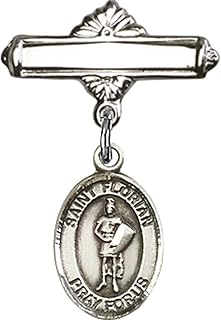 Sterling Silver Baby Badge with St. Florian Charm and Polished Badge Pin 1 X 5/8 inches