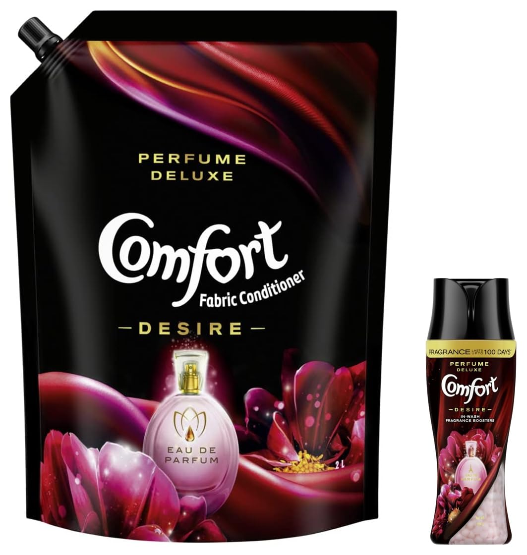 Comfort Liquid Perfume Deluxe, Desire, Fabric Conditioner crafted with French perfume fragrances, 2 ltr pouch & Comfort In-wash fragrance boosters, fragrance beads, 200gm