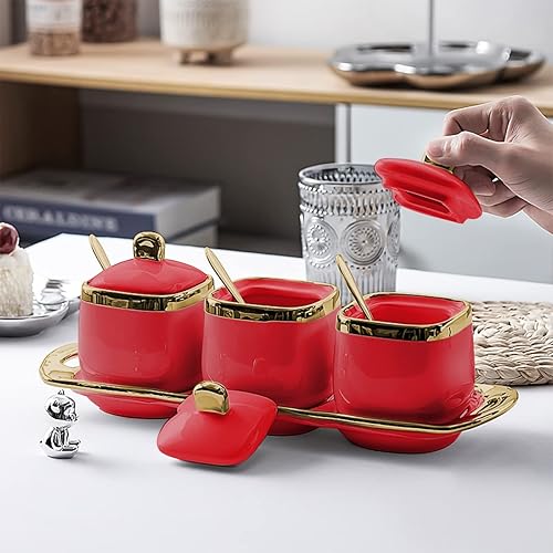 Miniatura 2 de Fvstar Juego de cuencos de cerámica para azúcar recipientes de sal tarro de condimentos ollas de porcelana para especias cajas de pimienta con tapas