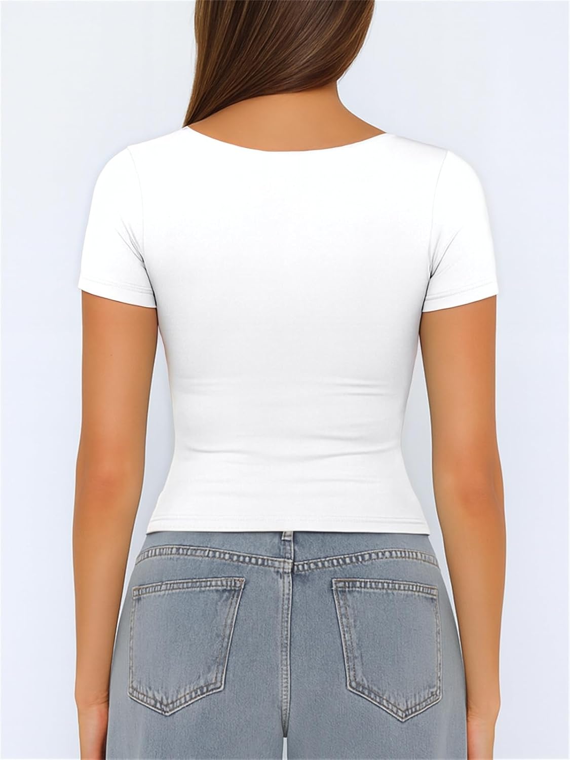 ForeFair Women's Square Neck Going Out Tops Double Lined Short Sleeve Basic Tight Tee Shirts - Image 4