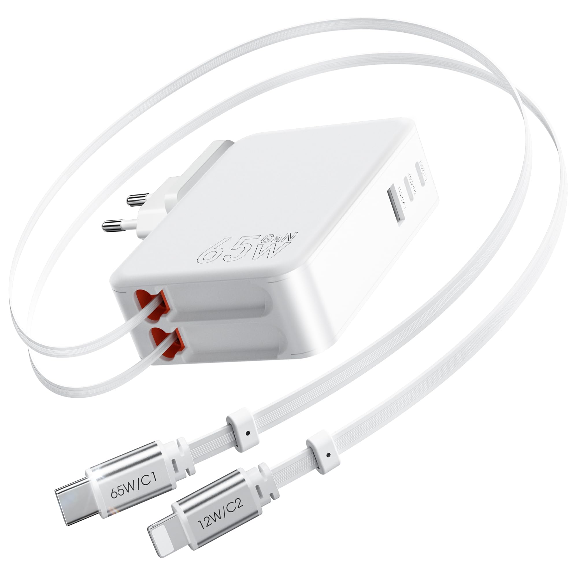 SPGUARD Cargador Retráctil 5 en 1 de 65 W con 2 Cables Extensibles de 120 CM, Cargador de Pared USB C GaN con Cables Lightning+Tipo-C, Cargador Rápido Compatible con iPhone 17/16/15/14/13/iPad/Galaxy