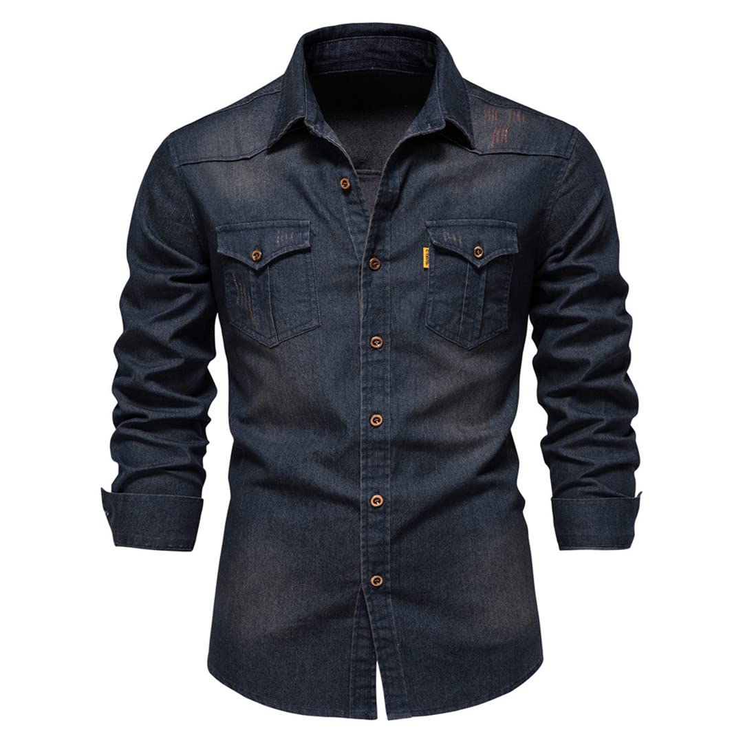 Camisas Vaqueras de algodón 100% para Hombre, Camisa Vaquera de Manga Larga de Color sólido Ajustada, Camisa de Primavera