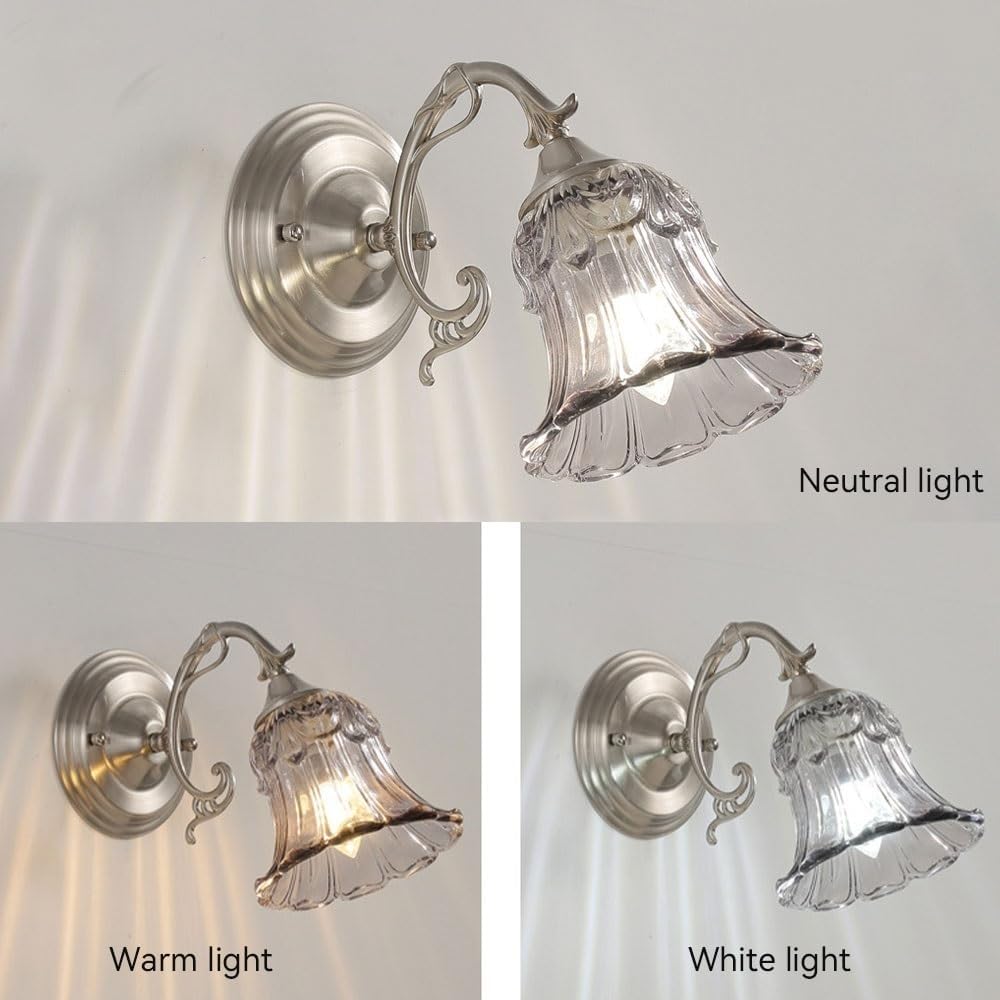 Italian Style Wall Sconce,Vintage Clear Fluted Glass Bell Shade Bedside LED Wall Lamp with Elegant Iron Arm,Cottagecore Floral Vanity Lighting for Bedroom,Hallway,7.87" Parlor