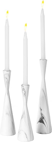 Juego de 3 candelabros decorativos de resina cónica, diseño de mármol, candelabros modernos, color blanco