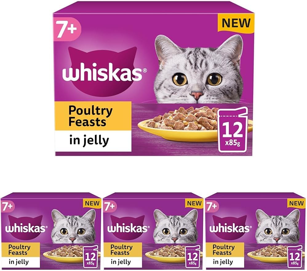 Whiskas 7+ Poultry Selection in Jelly, Senior Cat Food, 12 x 85g (Pack of 4)