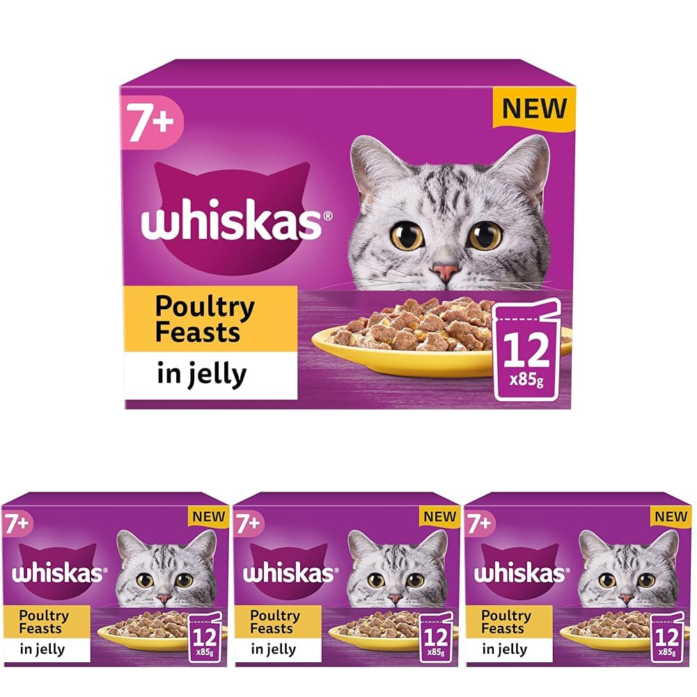 whiskas7+ Poultry Selection in Jelly, Senior Cat Food, 12 x 85g (Pack of 4)