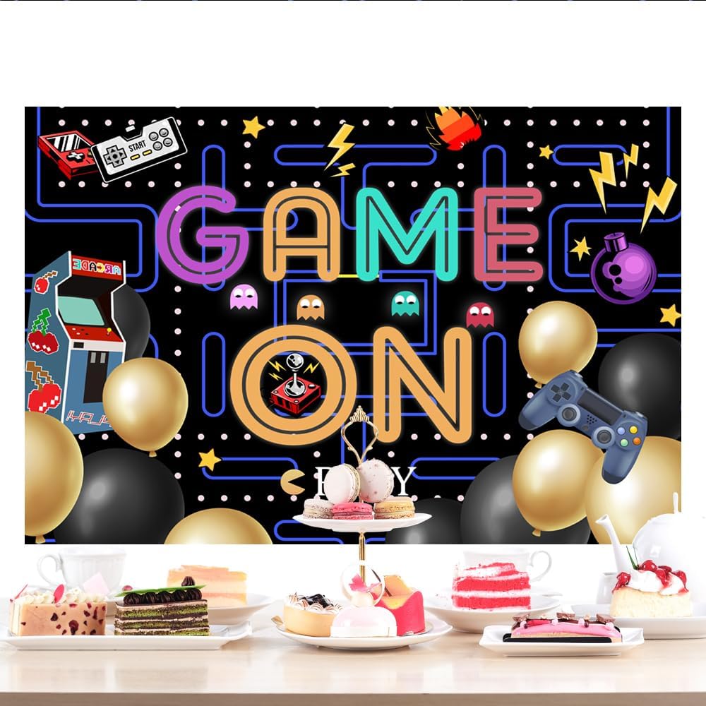 Lofaris Game On Backdrop Video Game for Boys Birthday Photography Background Colorful Lights Party Supplies Kids Adults Gaming Party Decorations Baby Shower Cake Table Photo Booth 9x6ft