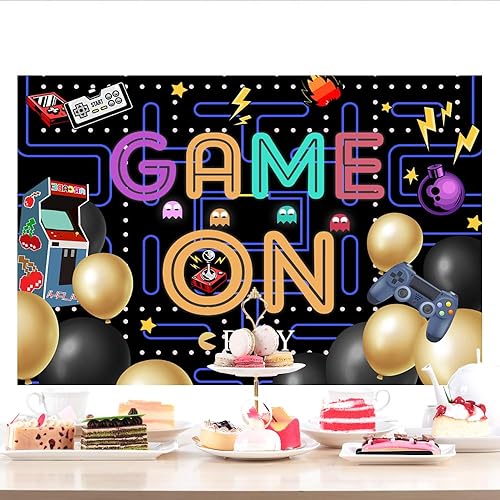 Miniatura 4 de Lofaris Juego en telón de fondo de video juego para niños, fondo de fotografía de cumpleaños, luces coloridas, suministros de fiesta, decoración de