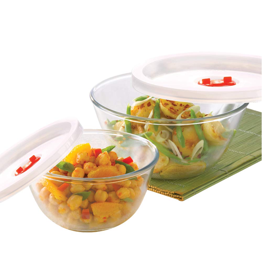 Buy Borosil Basic Glass Mixing & Serving Bowls With Lids, Microwave