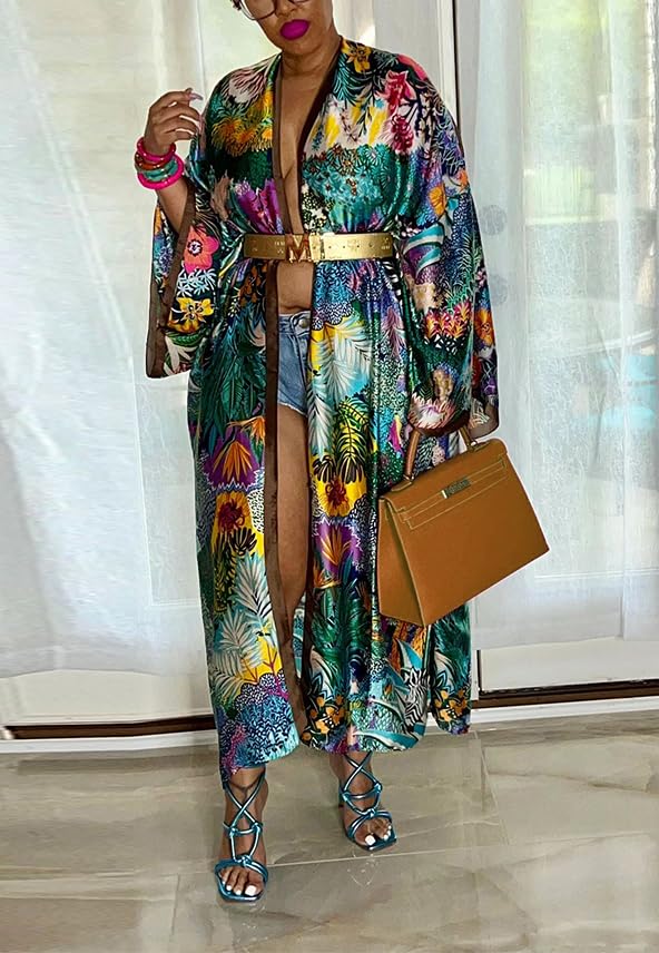 Image of Kimono Cardigan for Women Long Boho Satin Kimono Robes Plus Size Open Front Beach Swimsuit Cover Ups Lightweight Duster