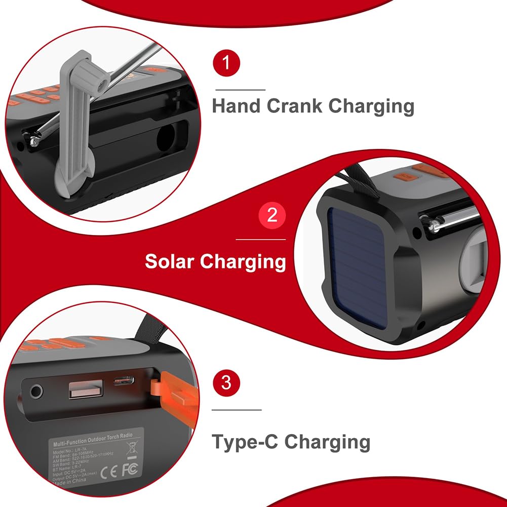 Radio de Emergencia 4500mAh Am/FM/SW con Altavoz BT, Carga USB-C/Solar/Manivela, Batería, Linterna, Alarma SOS y Conector para Auriculares