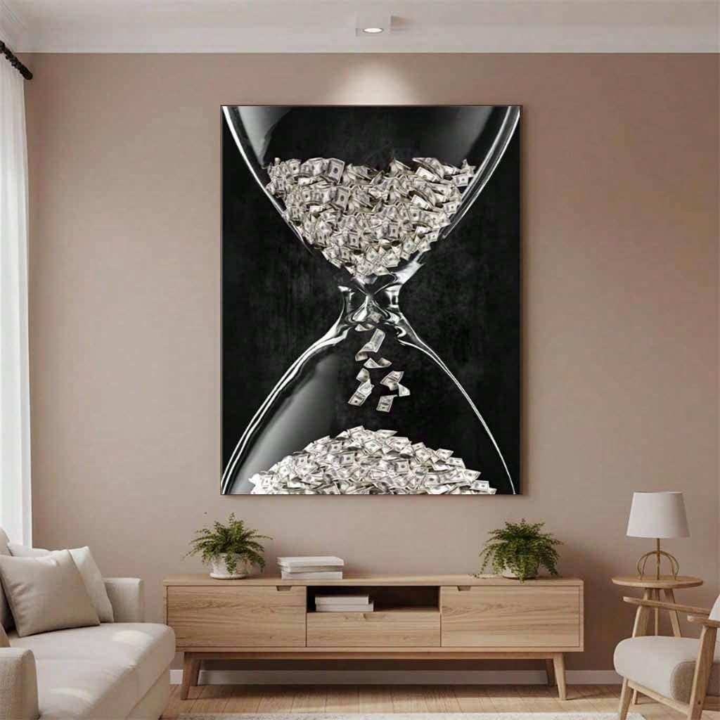 Cuadro decorativo de pared con diseño de reloj de arena y dinero, lienzo con la frase "El tiempo es dinero", pintura con billetes de dólar, lámina motivacional sobre la riqueza (40x50cm/con marco).