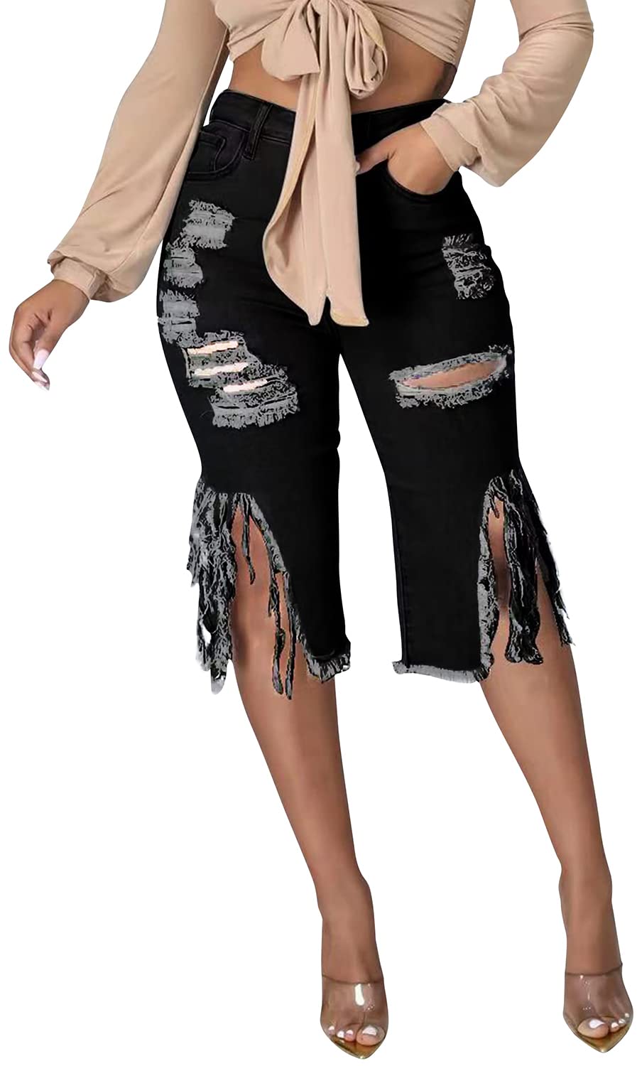 LalaLin Sexy Ripped Jean Shorts for Women Destroyed Washed Hole Stretchy Bermuda Mid Bottoms Denim Short