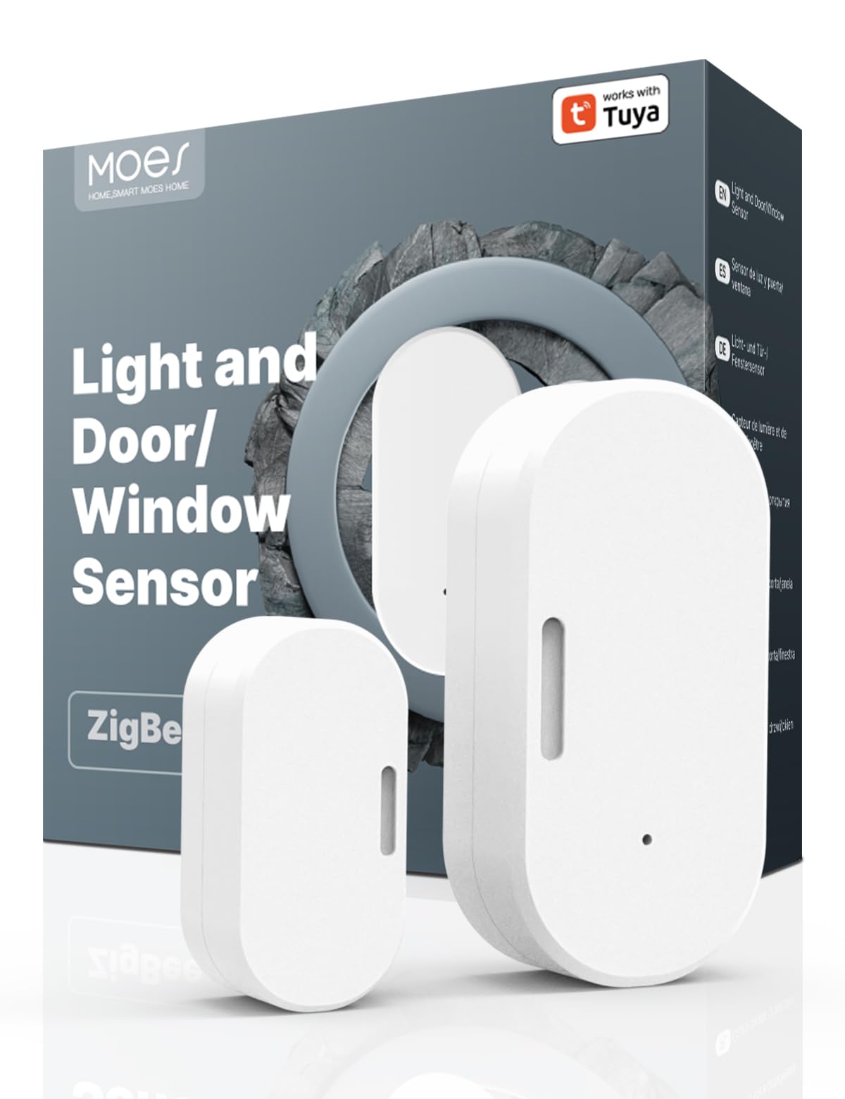 MOES MOES Smart Tür- und Fenstersensor mit Lichtsensor, ZigBee Magnetkontakt Tür-/Fensterkontakt, Erfordert Tuya/MOES Gateway, Drahtloser Sensor für Alarmanlage, Kompatibel mit Smart Life/Tuya APP