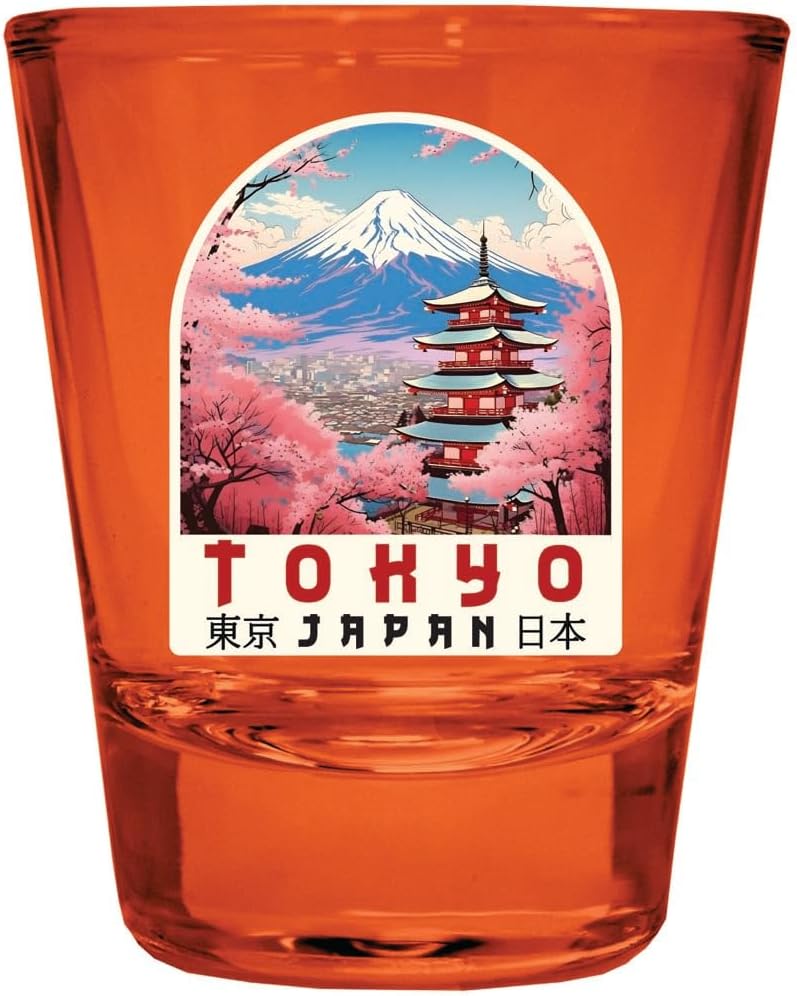 Pack de 4 Vasos Shot de Vidrio de 2 oz Color Naranja Diseño Tokyo Japan