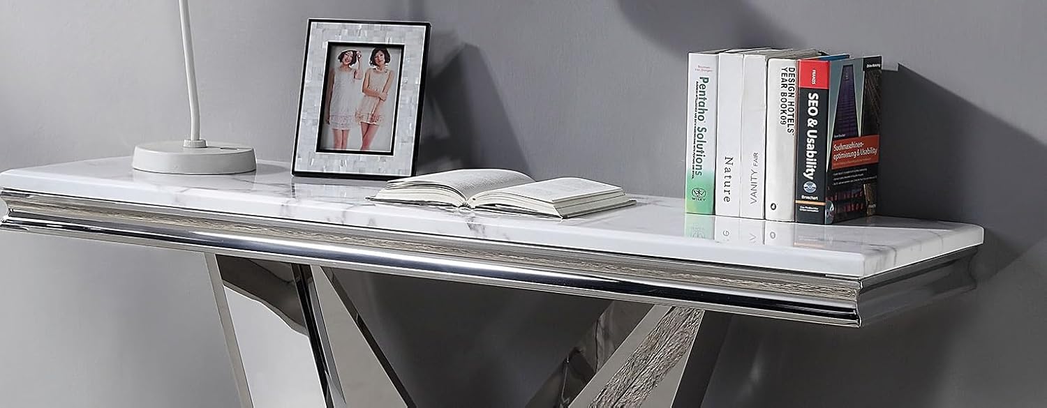 Sofa Table 1pc Stainless Steel Rectangular V Shape Pedestal Base 18mm Faux Marble On Top Metal Structure Ch Coffee Table Not Included