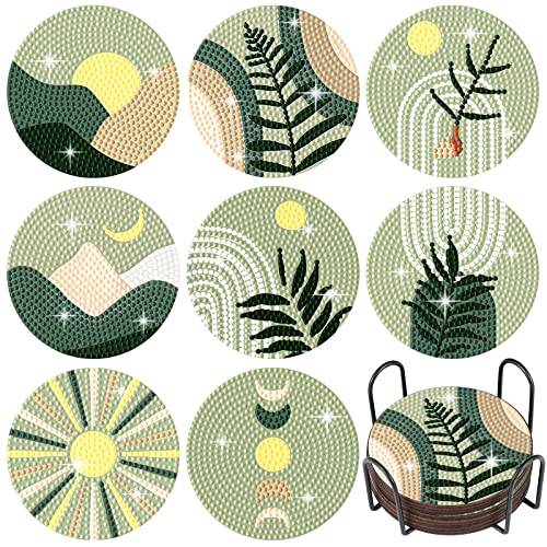Umigy 8 Pcs Diamond Painting Coasters with Holder 5D Diamond Art Coasters Kits for Kids 3.74 Inch DIY Art Crafts Projects Small Painting Kits for Beginners