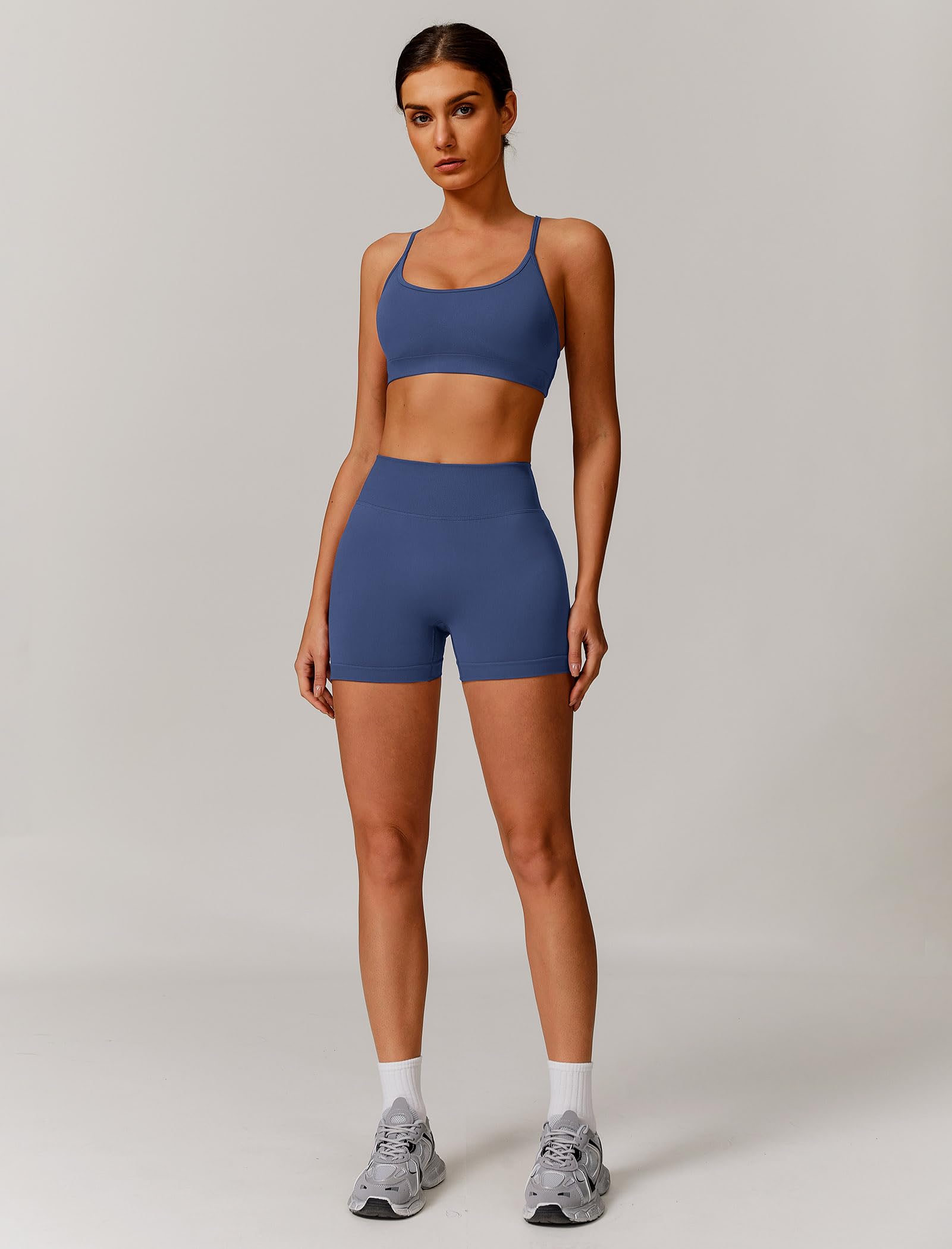 IMEKIS Conjunto de gimnasio de 2 piezas para mujer, traje deportivo Crossback con cintura alta, pantalones cortos de yoga, fitness, ropa deportiva, entrenamiento, jogging y pilates