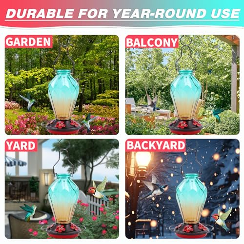 Image of 2 Pack Glass Hummingbird Feeder for Outdoors Hanging, 25Oz Humming Bird Nectar Feeder, Perch, 5 Flower Feeding Ports, Leak Proof Base, Hook for Outside Garden Backyard, Diamond Green