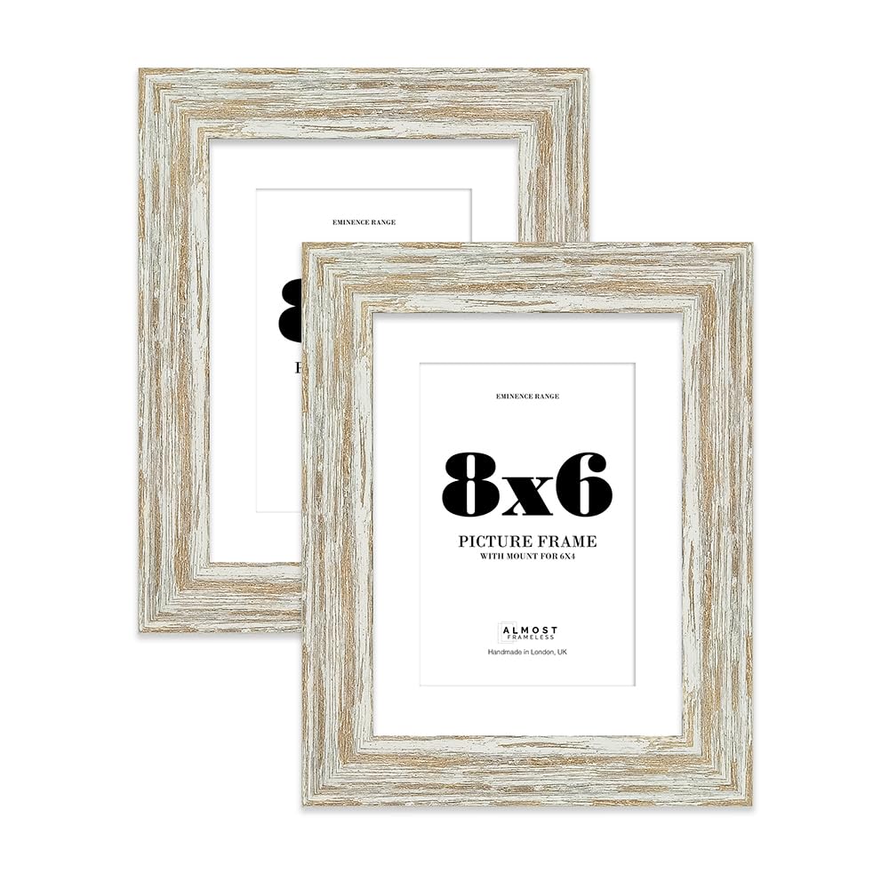 8x6" Distressed White Oak Picture Frame with 6x4" Mount - Barnwood Photo Frame with Distressed Finish, Wall Hooks and Kickstand, 32mm Edge - 2 Pack