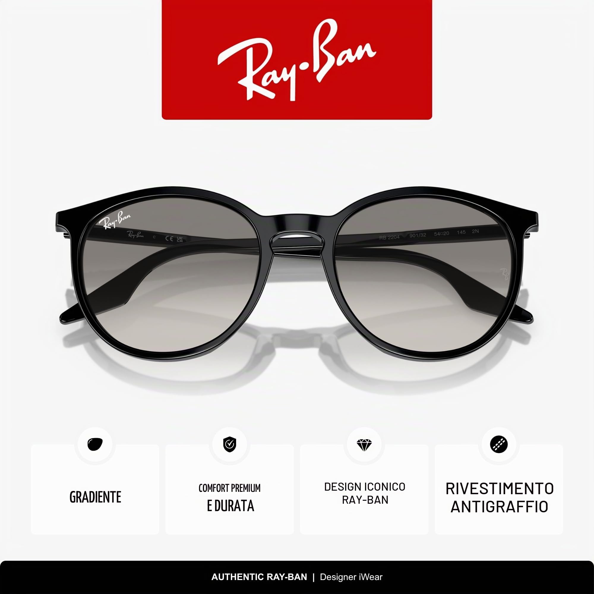 Ray-Ban RB 2204, 54-20-145 901/32 Nero Unisex