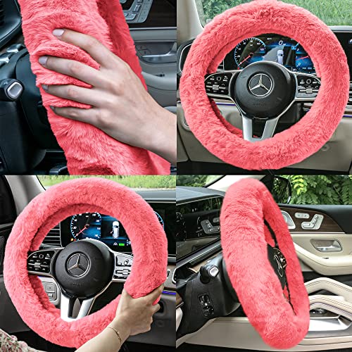 Image of FH Group Doe16 Faux Rabbit Fur Cozy Steering Wheel Cover Ultimate Protection Universal Fit for Most Cars, Trucks, SUVs, and Vans Pink