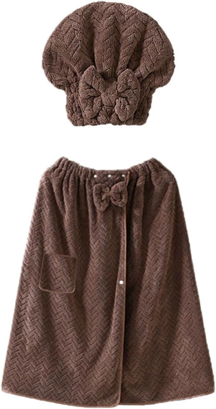 Plus Size Adjustable Bath Skirt & Quick-Dry Cap Set, Soft Coral Fleece Wrap Towel with (Red,80×160cm)