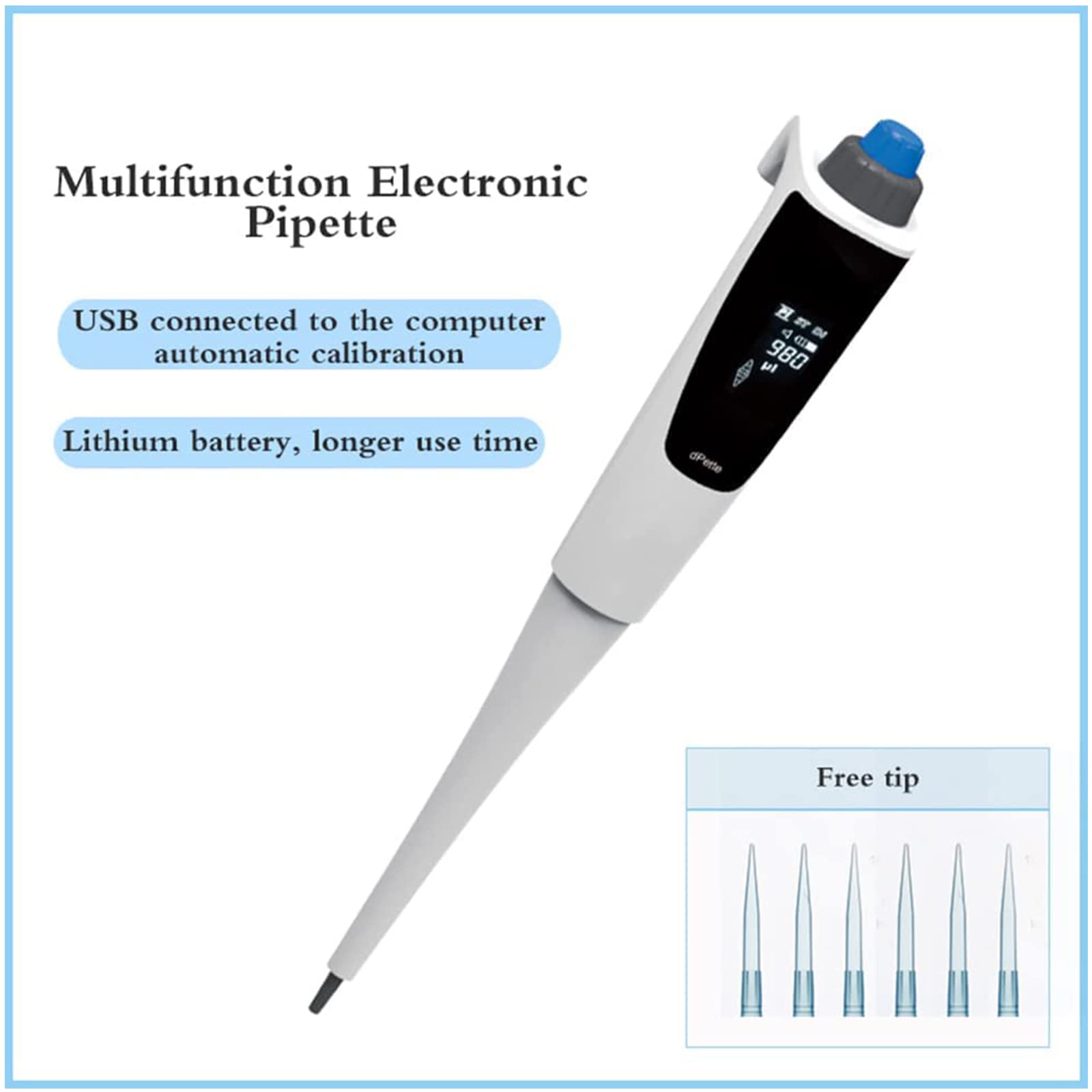 Pipetta Elettronica USB, pipetta monocanale da 100-1000μL con LCD e calibrazione Automatica, velocità di aspirazione e Scarico Regolabile per Chimica e Ricerca scientifica