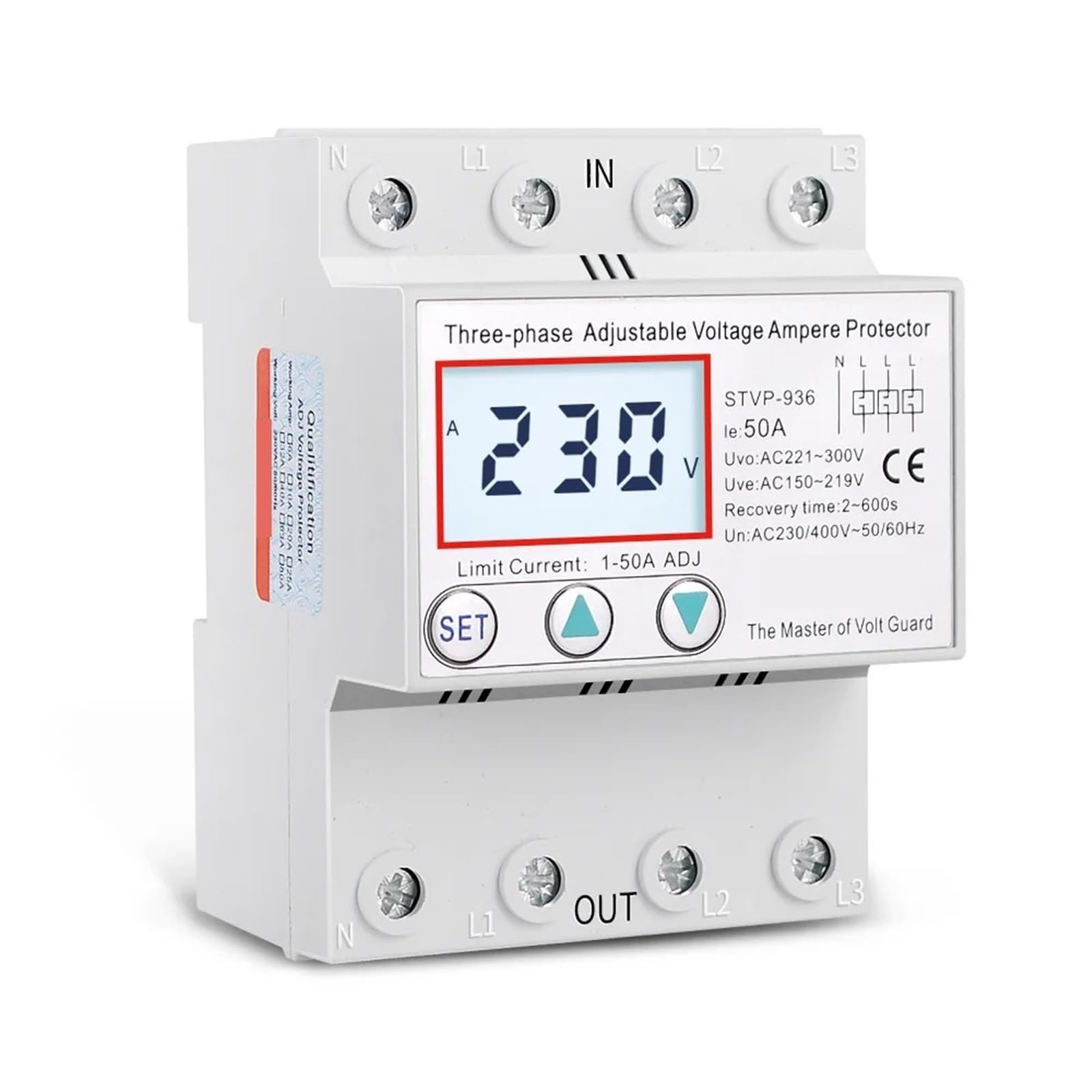 3 Phase AC 380V 400V 50A Multifunctional Over Under Voltage and Over Current Protection Device Automatic Recovery Voltage Relay 1Pcs