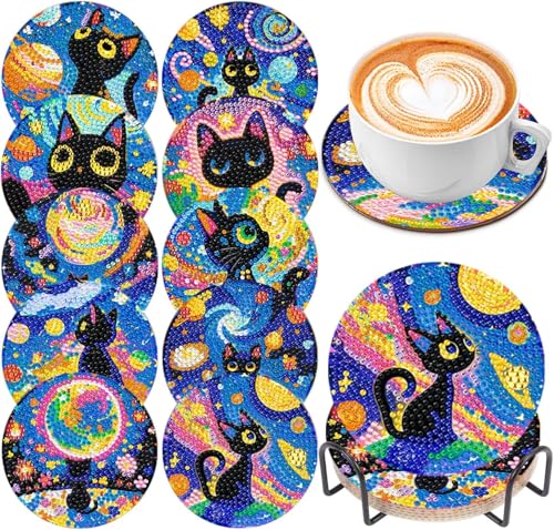 Juego de 10 posavasos de diamantes de gato con soporte, kit de posavasos de pintura de diamantes para adultos principiantes, kits de manualidades de pintura de diamantes 5D para adultos, suministros
