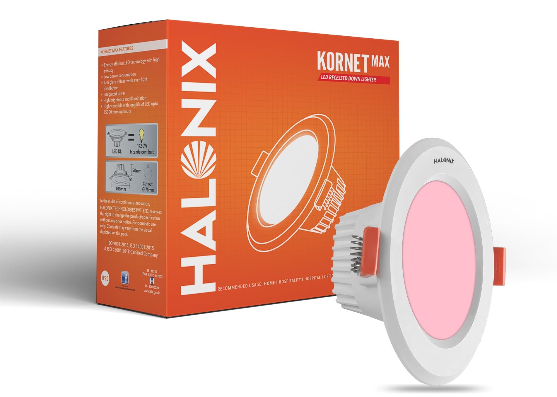 Halonix Polycarbonate 5.5W Pink Kornet Junction Box led Downlighter|Cut Out- 3 Inch, Dia- 4.13, Height- 1.96 Inch||Downlighter for Home, Shop and Office|Pack of 1, Pink.