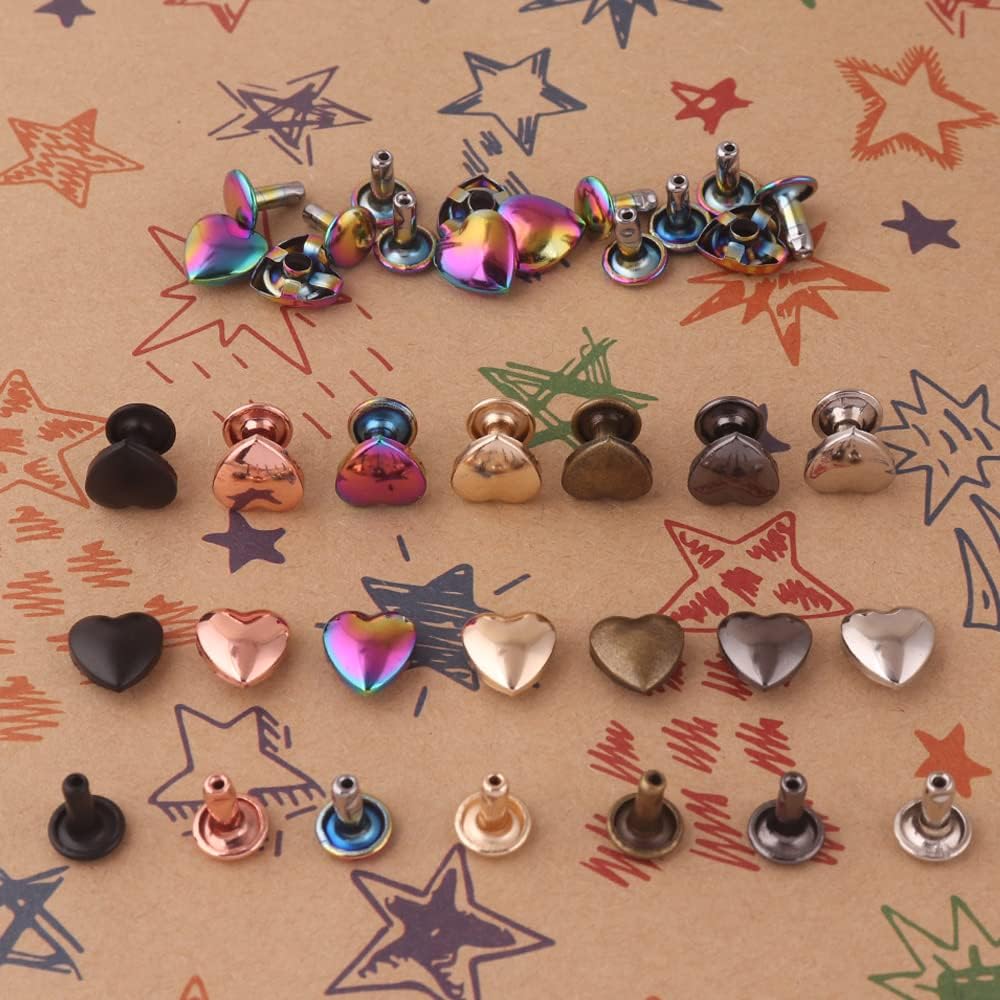 Tubular Double Cap Rivets - Mix Color Heart Shape Rivets 10mm Metal Button Round Rapid Rivet Rivet Studs for Purse Handbags Shoes Belts Leather Craft (Each Color 20pcs)