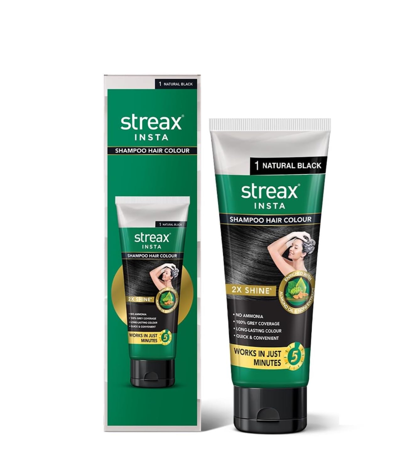 Streax Insta Shampoo Squeeze Pack Hair Colour For Unisex,Natural Black 1,200Ml|Hair Colour Black|100% Grey Coverage |Long Lasting Hair Color,Easy To Use| Ammonia Free Hair Color,No Paraben & Sulphate