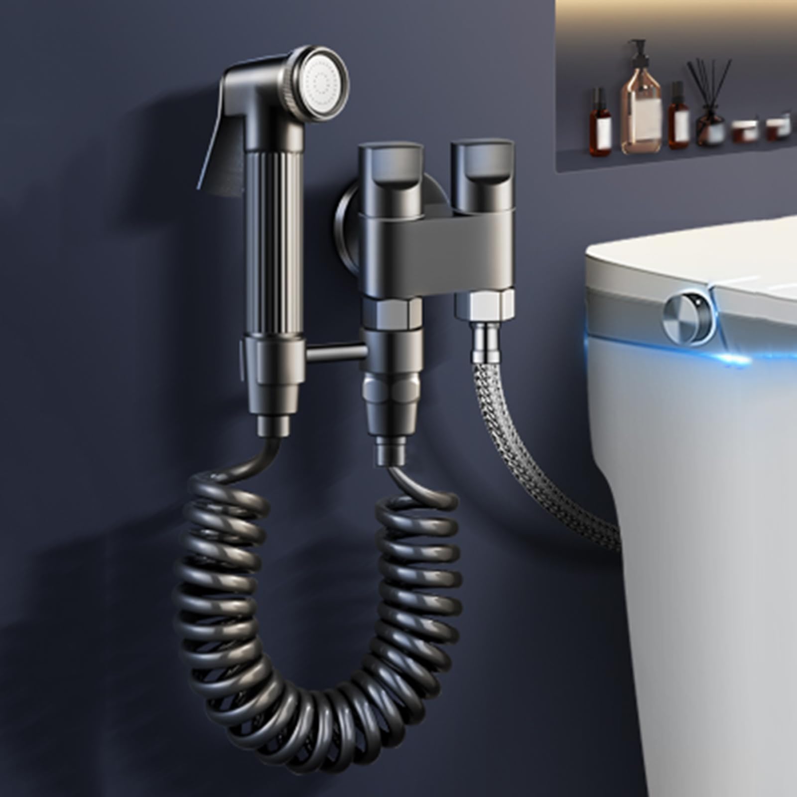 Bidet słuchawka prysznicowa zestaw do WC mosiądz z wężem i uchwytem obrotowym do czyszczenia łazienki, szara szczotkowana, 2 m