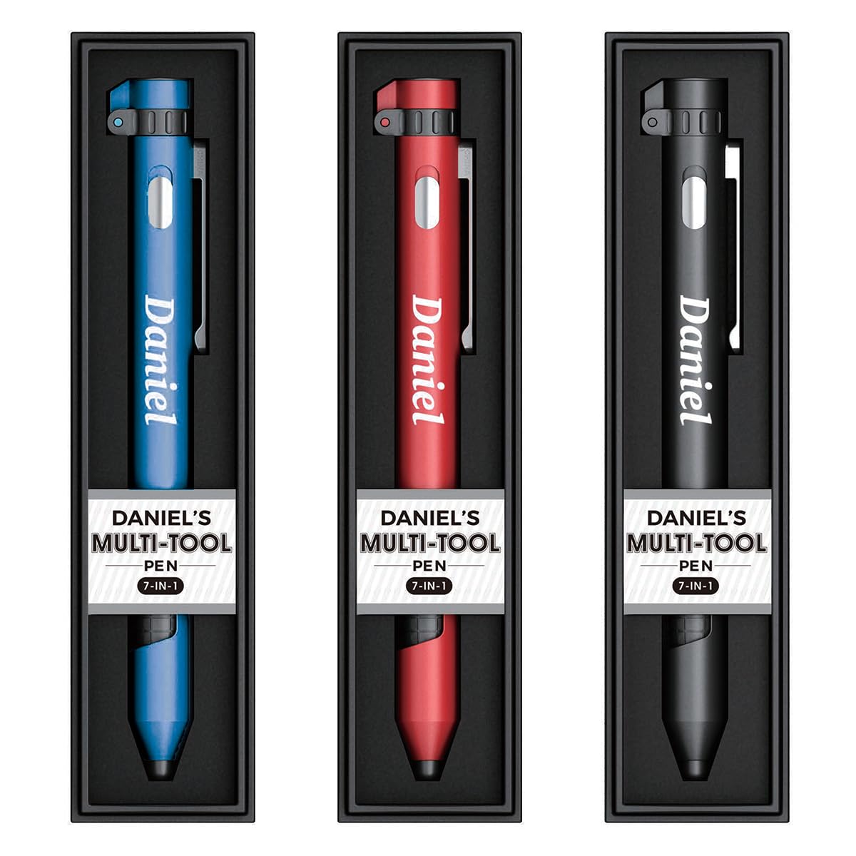 Jrose Collections Red, Blue, Black Daniel Named Personalised Multi-Tool Pen, 7-In-1 With Torch, Phone Holder, Stylus, Compass, And Screwdriver Set - Assorted Colours (Red, Blue, Black) - Black Ink