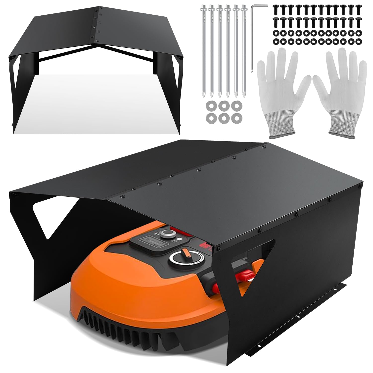 Abri de protection galvanisé pour tondeuse robot avec gants et protection UV - Idéal contre la pluie et la grêle - 78 x 60 x 34 cm - Noir