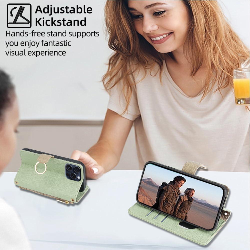 Case Cover Compatible with Motorola Moto G15 / G15 Power Lanyard Zipper Wallet【3 Card Slot】【Magnetic Clasp】 PU Leather Flip Stand Green