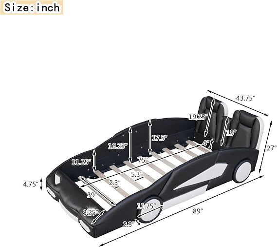 Twin Size Race Car-Shaped Platform Bed with Wheels car Bed for Boys (Black)