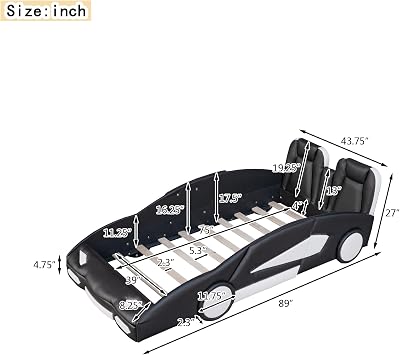 Twin Size Race Car-Shaped Platform Bed with Wheels car Bed for Boys (Black)