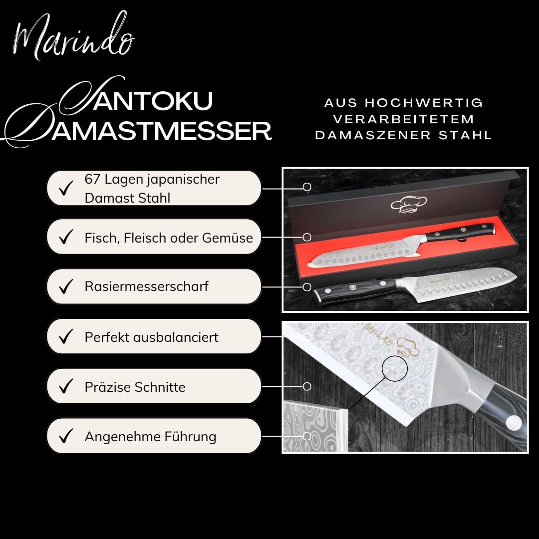 Marindo® Santoku Damastmesser aus Damaszener Stahl 17,8 cm Klinge | japanisches Damast Küchenmesser mit Kullenschliff & stabilem Holzgriff | Santoku Messer Damast mit Geschenkverpackung