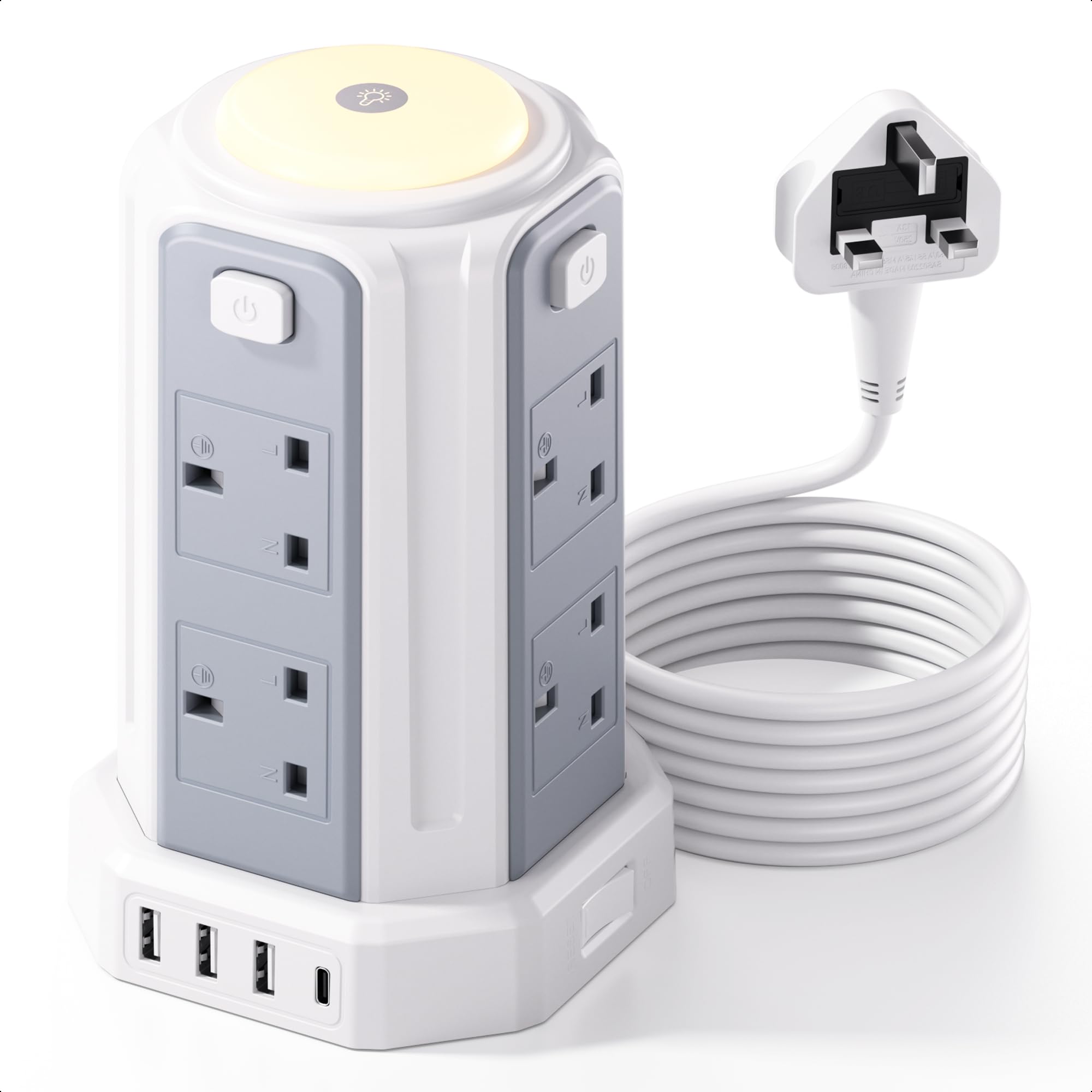 Extension Lead 5M (3250W 13A) Extension Tower with Night Light 8 AC Outlets & 4 USB Ports Surge Protection Extension Lead with 4 Independent Switch, Extension Cable 5M for Office, Home — image 1