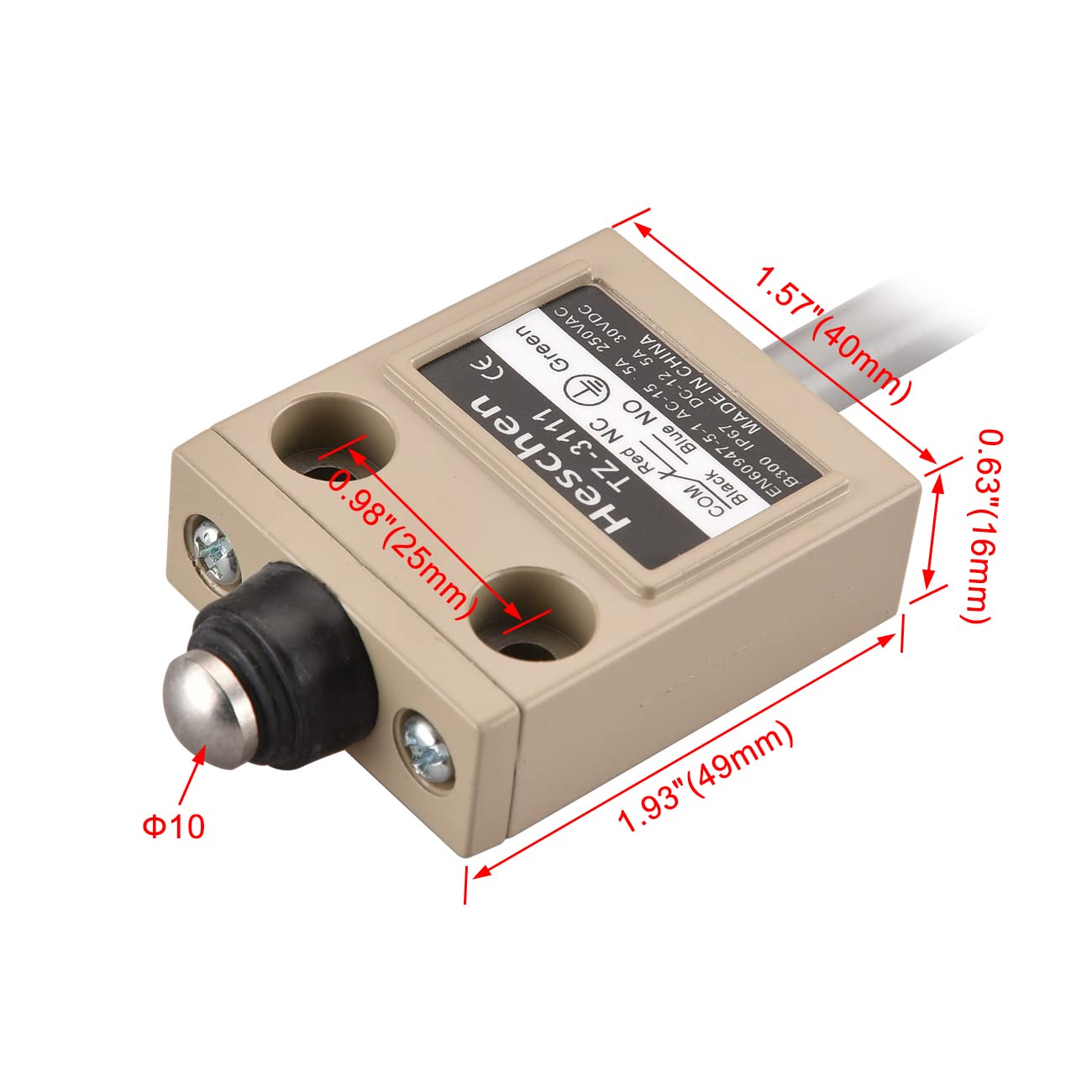 Heschen Commutateur de fin de course pré-câblé compact TZ-3111 avec piston étanche SPDT NO + NC momentané AC 250 V 5 A IP67 étanche