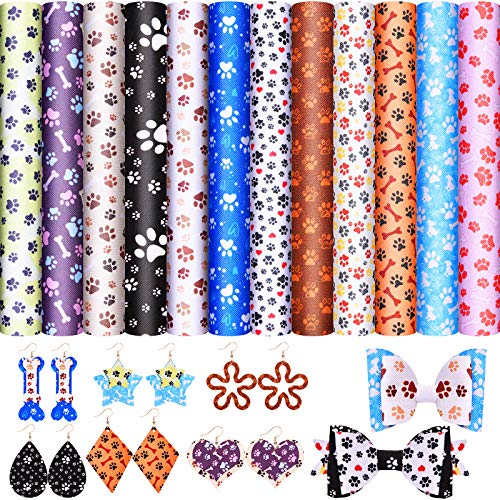 12 Pcs Paw Print Faux Leather Sheets 6.3 x 8.3 Inches Animal Footprint Faux Leather Puppy Cat Bone PU Printed Leather Sheets for Making Earrings, Hair Bows, DIY Crafts, Assorted Colors