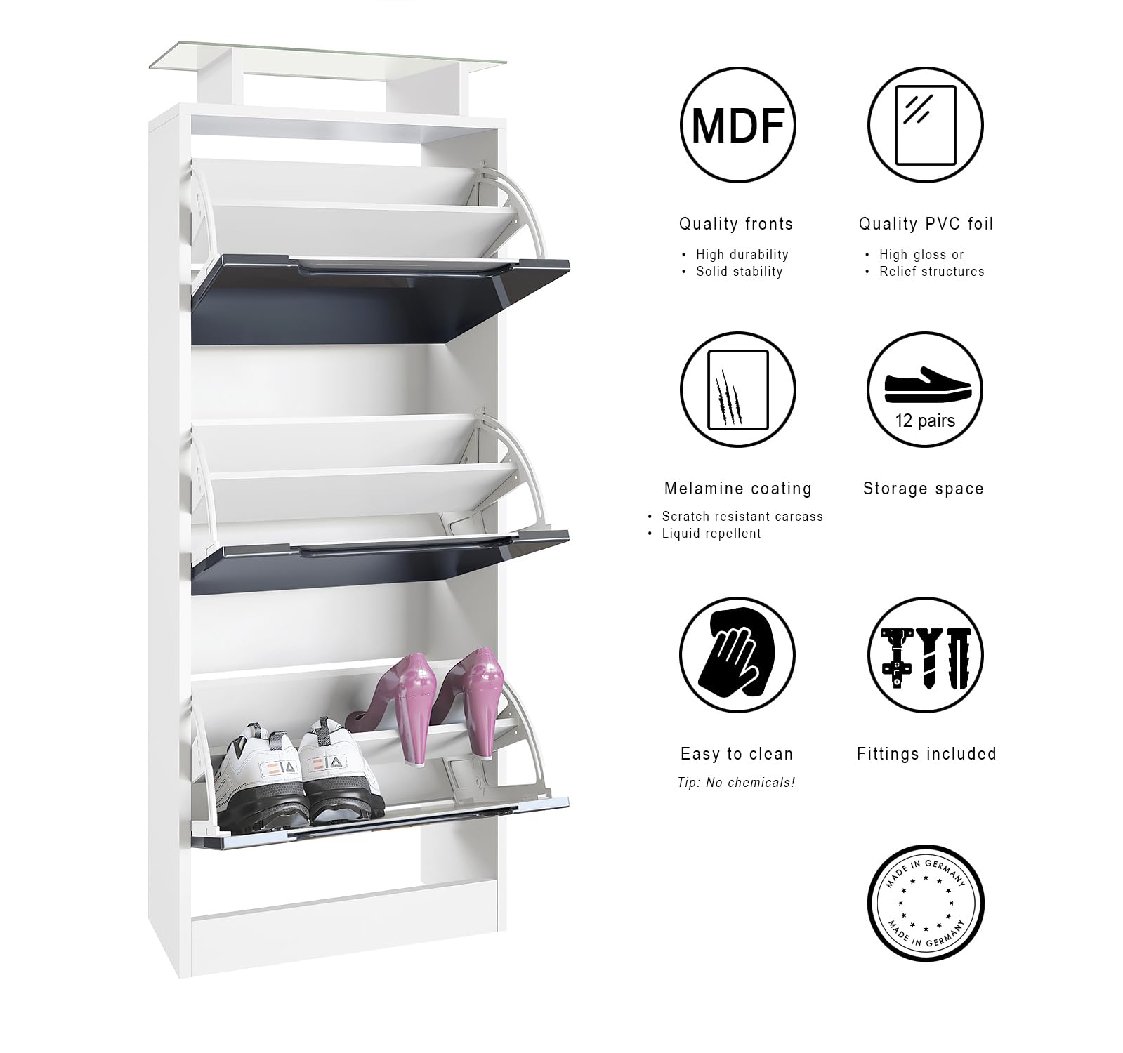 Vladon Schuhschrank Space V2, Schuhkipper für 12 Paar Schuhe mit 3 Klappen und Glasablage, Weiß matt/Schwarz Hochglanz (46 x 128 x 23 cm)