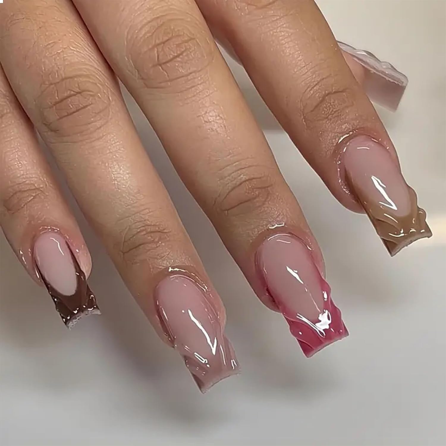 GlamRays 24 Pcs Press On Nails Square Nail Press Nails with Multicolor French Sculptor Art Design False Nails French Lace Glue Nail