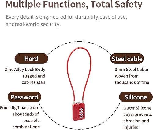 Miniatura 2 de Candado de cable combinado de 4 dígitos con cable de acero flexible de 12 pulgadas (11.8 in), cerradura pequeña para taquilla, equipaje, mochila,