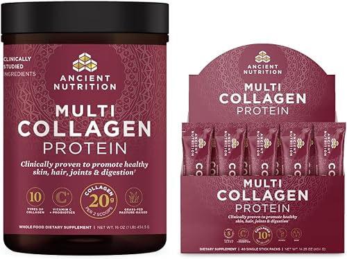 Ancient Nutrition Proteína en polvo multicolágeno, sin sabor, 45 porciones + paquetes de proteína de colágeno múltiple, sin sabor, 40 paquetes