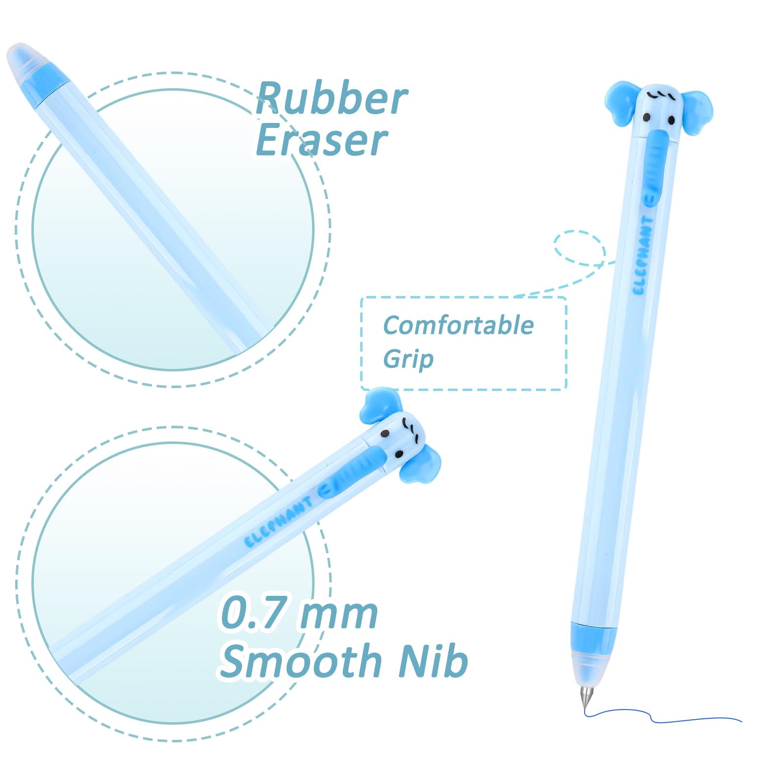 Set di 6 penne gel cancellabili, 0,7 mm, blu, motivo animale, con gomma integrata, inchiostro sensibile al calore, adatto come regalo per Pasqua, inizio della scuola