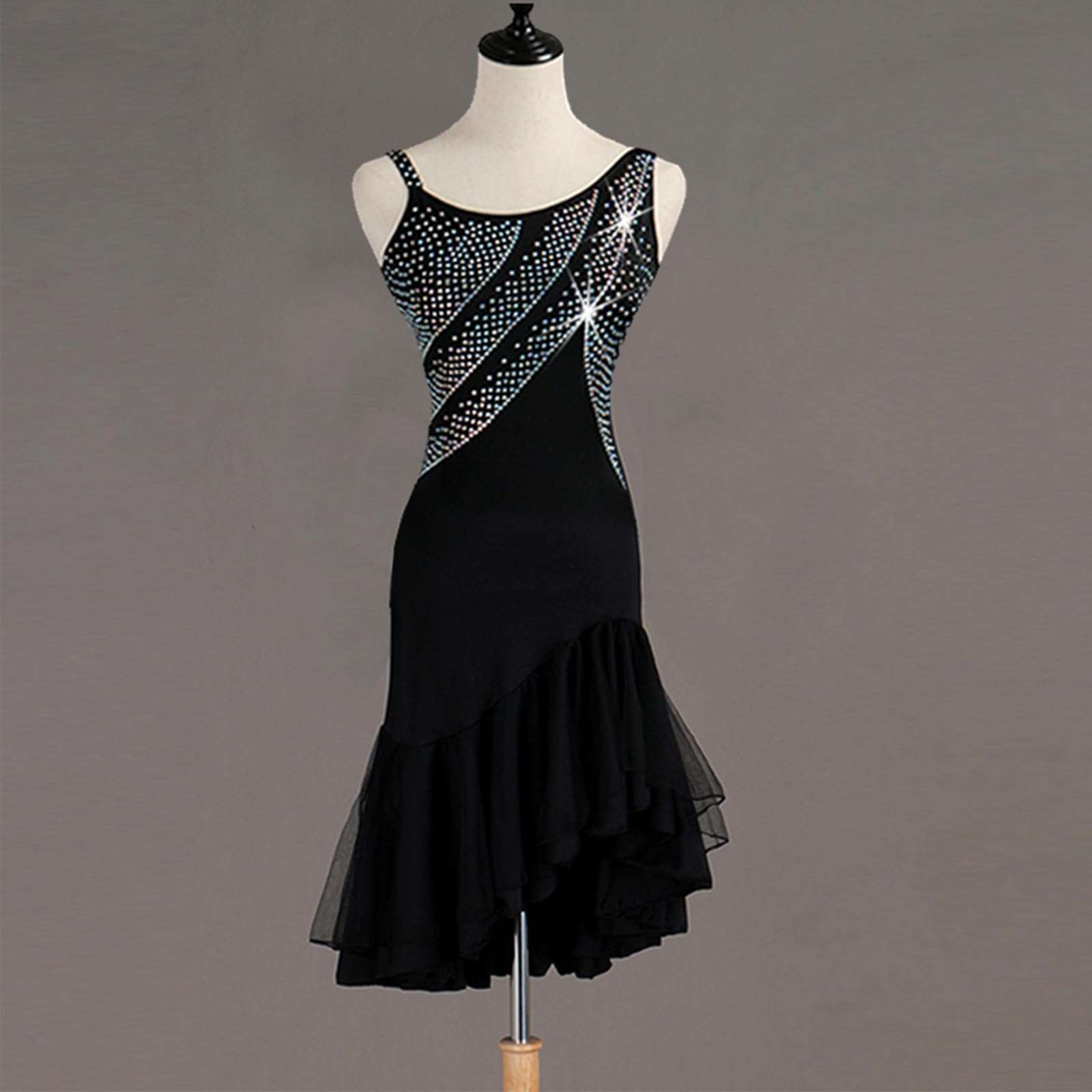 Damen Schwarz Latein Tanzkleider Neckholder Latein Turnierkleid Ballsaal Rückenfrei Salsa Samba Fransen Schlitz Rock Walzer Foxtrott Tanzkleid Latein Trainingskleid